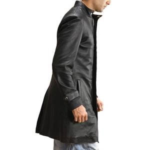 Manteau trench en cuir d'agneau pour homme, longueur genou, avec col mandarin et patte de boutonnage matelassée en losanges, coupe-vent - Product Image 3