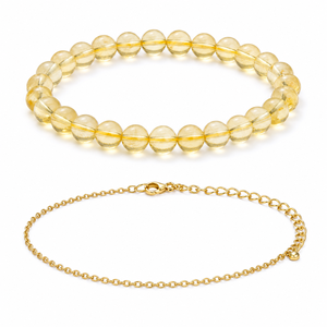 Citrine 8mm <b>Beaded</b> <b>Bracelet</b> Set for Women Two-Piece Stacking Design with <b>Gold</b> Tone Chain for a Layered Religious Style - Product Image 1