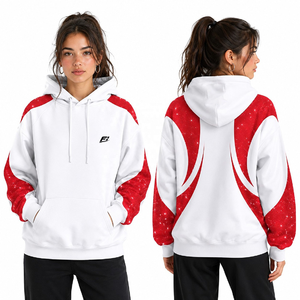 Sudadera con Capucha de Bloques de Color para Mujer, Blanca y Roja, Manga Larga, Estilo Casual Urbano, Venta al por Mayor, OEM, Ropa Personalizada - Product Image 3