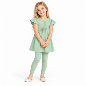 Conjunto de Dos Piezas Casual para Niñas, Primavera, Cuello Redondo, Verde Menta, Manga Corta, Túnica y Leggings, Tela Suave Acanalada, Venta al Por Mayor - Product Image 1
