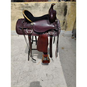 Selle de cheval western en cuir artisanale, classique, avec motifs gravés, pour le cowboy, le ranch et l'équitation sur sentier, avec arceau en fibre de verre et quincaillerie SUS304 - Product Image 2