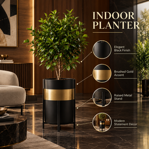 Macetero Moderno de Metal Negro para Interiores con Detalles en Oro Cepillado |   Soporte Alto para Macetas, para Sala de Estar, Hotel, Oficina, Decoración del Hogar - Product Image 5