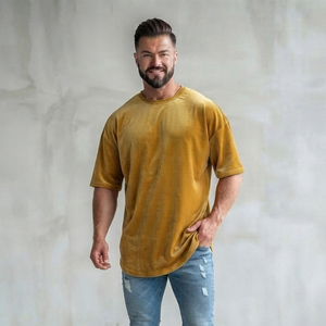 เสื้อยืดโอเวอร์ไซส์ผู้ชาย ผ้ากำมะหยี่ แขนสั้น คอกลม สไตล์ลำลอง ทรงหลวม สตรีทแวร์ ไหล่ตก พรีเมียม 260 กรัม ผ้าฝ้าย 100% - Product Image 1