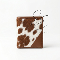 Dompet Lipat Pria Kulit Asli Cokelat Klasik, Kulit Sapi Berbulu, Tempat Kartu Tipis, Logo Kustom, Dompet Koboi Minimalis