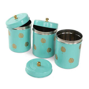Teal Metal Spice Canisters with Gold Leaf Design Airtight Lids Stackable Dishwasher Safe <b>Kitchen</b> <b>Storage</b> Containers Modern Style - Product Image 1