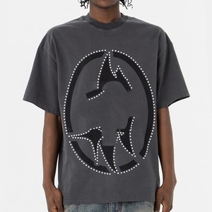 Camiseta Vintage de Algodón con Gráficos de Diamantes de Imitación, Estilo Urbano, Cuello Redondo, Oversize, Manga Corta, Hombros Caídos, para Verano - Product Image 2