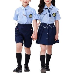 ชุดนักเรียนหญิงแบบสองชิ้น เสื้อสีฟ้าอ่อน กระโปรงสีกรมท่า ผ้าฝ้าย ชุดนักเรียนประถมสำหรับเด็ก - Product Image 1