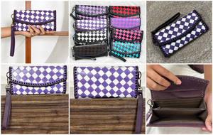 Nouvelle pochette personnalisée écologique à carreaux violets et blancs pour femmes, porte-cartes de luxe de haute qualité en cuir de vache véritable - Product Image 3