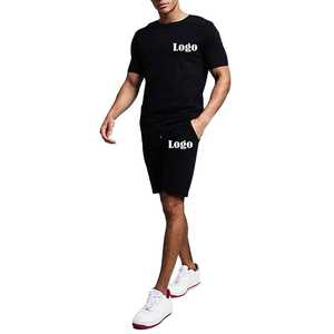 Men's Black Cotton T-Shirt And Shorts <b>Set</b> With White Logo Print Casual Summer Wear <b>Knitted</b> Fabric - Product Image 5