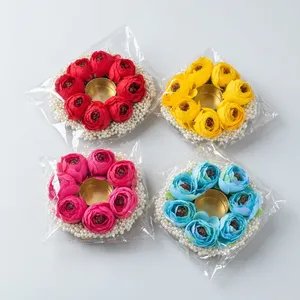 Handmade Round Beaded <b>Tea</b> <b>Light</b> <b>Holder</b> with Yellow Flowers and Pearl Trim for Home Decoration - Product Image 3