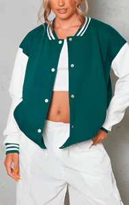 Veste universitaire verte et blanche, style preppy, col rabattu, fermeture à boutons, coupe classique, unisexe, vêtement d'automne - Product Image 3