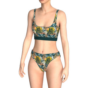Conjunto de Bikini Floral Tropical para Mujer, Top Corto con Cuello Redondo, Braguita Hipster, Spandex, Poliéster Elástico, Estampado, Traje de Baño de Dos Piezas - Product Image 1