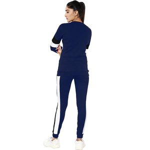 <b>Women's</b> <b>Navy</b> Blue Color Blocking Tracksuit Full Sleeve Crew Neck Sweatshirt With Side Stripe Pants Casual Spring Wear - Product Image 2