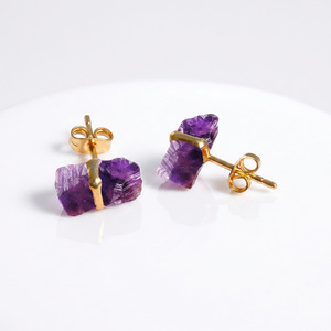 <b>Raw</b> Cut Amethyst Geometric Rectangular Stud Earrings Gold Plated Sterling Silver Wholesale Minimalist Bulk Jewelry - Product Image 4
