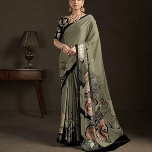 Sari élégant prêt-à-porter avec chemisier cousu en crêpe de soie à imprimé floral numérique, fournisseur indien d'exportation de saris - Product Image 1