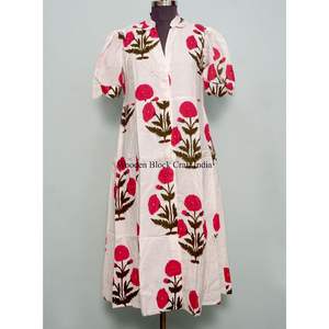 Robe midi pour femme 100 % coton, très vendue, écologique, lavable, nettoyage à sec, respirante, boutonnée au dos, imprimée, col en V, manches courtes - Product Image 2