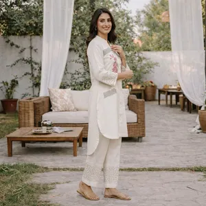 Women's <b>White</b> Embroidered Cotton <b>Set</b> Kurta Three Quarter Sleeve Long Pants Floral Design Casual Spring Summer Outfit - Product Image 5