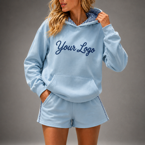 Women's 2 Piece Hoodie & Shorts <b>Sets</b> Streetwear Loose Fit Gingham Lined Boutique Style Hoodie <b>Sets</b> Plain Blank OEM Supplier - Product Image 2
