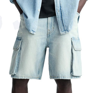 Shorts cargo bleu clair pour homme, taille haute, fermeture boutonnée, couleur unie, style bermuda décontracté avec plusieurs poches, tissu en toile - Product Image 4