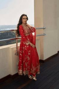 Luxury <b>Red</b> Georgette Anarkali Suit Heavy Gold <b>Sequin</b> & Zari Embroidery Bridal Gown 3-Piece Indian Wedding Party Wear Dress wear - Product Image 2
