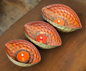 Two-Tone Boat-Shaped Hammered Copper & Gold Tealight <b>Stand</b> – Leaf-Silhouette Metal Votive Holder for Festive & Tabletop Decor - Product Image 1