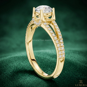 Anillo de compromiso de oro de 9K, 10K, 14K, 18K con corte redondo de moissanita (alternativa al diamante) y vástago dividido, con diamante cultivado en laboratorio certificado por IGI - Product Image 3