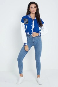 Veste de style universitaire courte bleue avec logo B brodé, manches blanches, veste de style universitaire pour femmes, vêtements d'automne - Product Image 3