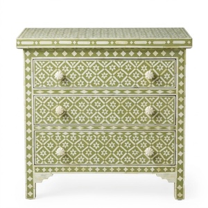 Table de chevet vert sauge avec incrustations en os, motif étoile géométrique, commode à 3 tiroirs, artisanat indien de luxe, table de chevet pour chambre à coucher - Product Image 1