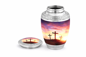 Urna Funeraria de Lujo Estilo Europeo con Cruz Cristiana y Atardecer para Cenizas Humanas y de Bebés |   Proveedor Mayorista de Artículos Funerarios Metálicos - Product Image 2