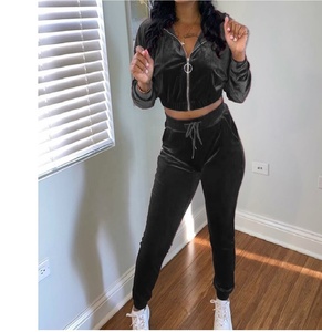 Custom Logo top quality women 2021 winter fashion velour two piece set long sleeve crop top zipper hoodie & velvet joggers - Product Image 2