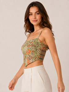 Premium Quality Green Floral Print <b>Top</b> Square Neck Sleeveless Adjustable Strap <b>Asymmetric</b> <b>Hem</b> Wholesale Ladies Summer Wear - Product Image 3