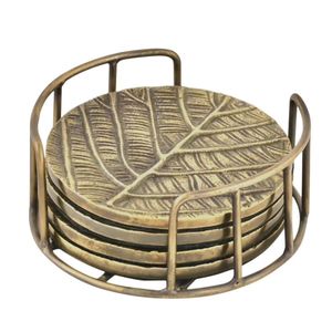 Decorative Metal Leaf Coaster Set with Holder Antique Brass Finish Round Table Coasters for Home Decor <b>Bar</b> & Dining Table <b>Mat</b> - Product Image 1