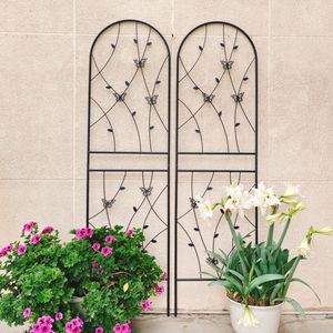 Set di 2 tralicci da giardino in metallo nero antiruggine da 180 cm x 50 cm, supporto per piante rampicanti e decorazioni a forma di farfalla - Product Image 1