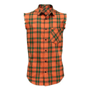 Camisa de Franela sin Mangas a Cuadros para Hombre al por Mayor, con Borde Deshilachado, Ajuste Musculoso, Estilo Casual - Product Image 1