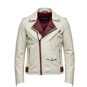 Chaqueta de Motociclista Estilo Café Racer para Hombre – Chaqueta de Cuero Retro Blanca y Borgoña, Prenda Exterior de Moda Bicolor Estilo Vintage de los 80 - Product Image 1