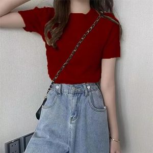 Camiseta de Verano para Mujer, Cuello Redondo, Manga Corta, Corte Regular, Diseño Acordonado, 100% Algodón Tejido - Product Image 3