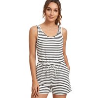 Damen Gestreifter Gestrickter Baumwoll-Overall Ärmellos O-Ausschnitt Hohe Taille Lässiges Atmungsaktives Shorts-Set Frühling Sommer Kleidung Bangladesch