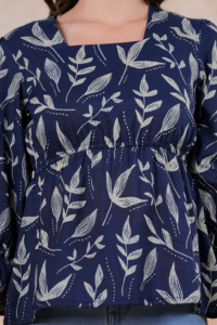 Haut à volants bleu marine imprimé feuilles pour femme, manches longues, style décontracté western - Product Image 6