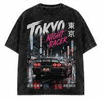T-shirt Streetwear Anime Personnalisé Oversize Effet Délavé Graphique Manga Japonais Cyber Samurai Masque Oni Vintage Unisexe Coton