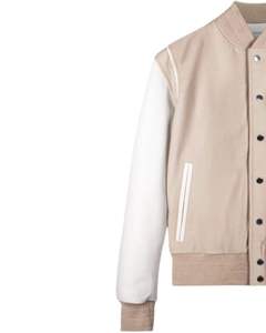 <b>Mens</b> Varsity <b>Jacket</b> Beige Wool Body <b>White</b> Front Embroidery Stand Collar Horn Button Waterproof College Bomber <b>Jacket</b> - Product Image 3
