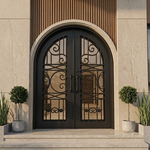 Royal Luxury Rust-resistant Wrought Iron Main Door Geometric Patterned Glass Panels Minimalist <b>Swing</b> Design Easy Assembly - Product Image 5