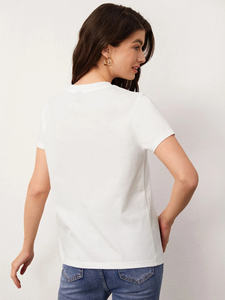 Camiseta de Algodón de Alta Calidad para Mujer, Cuello Alto, Estampado de Corazón Rojo, Informal, Ecológica, Transpirable, Corte Regular, Colores Personalizados - Product Image 2