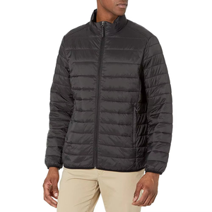 Men's Black Puffer Jacket Stand Collar Zipper Closure Casual Windproof Polyester <b>Wadding</b> Autumn Wear - Product Image 3