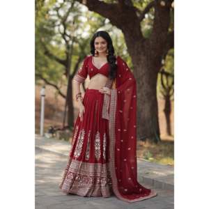 Lehenga Choli de Georgette con Corte Acampanado en Color Granate con Bordado, Vestidos de Noche de LIVEWEAR, 1500g - Product Image 1