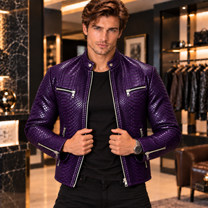 Mens Embossed Snake Leather Winter Breathable Luxury <b>Snakeskin</b> Pattern Biker Motorcycle <b>Jacket</b> Slim Fit Zipper Coat Custom - Product Image 6