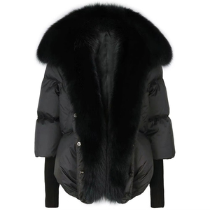 Manteau d'hiver court et ample pour femme, chaud, avec col en fourrure de renard amovible, pompons, noir, rembourré de duvet de canard blanc, respirant - Product Image 6