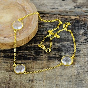 Natural Clear Quartz Round Shape Charm Gemstone <b>Chain</b> Necklace 18k Gold Micron Over 925 Sterling Silver - Product Image 2