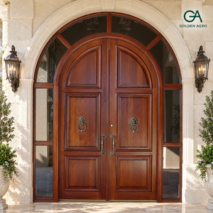 Porte d'entrée double en bois massif cintrée de luxe avec panneaux latéraux et transom en verre pour villas personnalisées GA-39S - Product Image 1