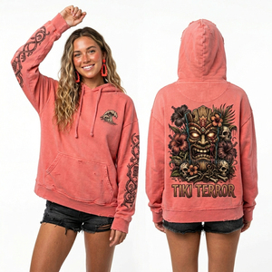 Sweat-shirt à capuche zippé pour femme, style vintage, rouge rouille délavé à l'acide, avec imprimé graphique masque de gladiateur, détail chiffres romains sur la manche, vêtement personnalisé - Product Image 4
