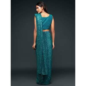 Atractivo verde azulado con lentejuelas Georgette Party Wear Saree - Product Image 3